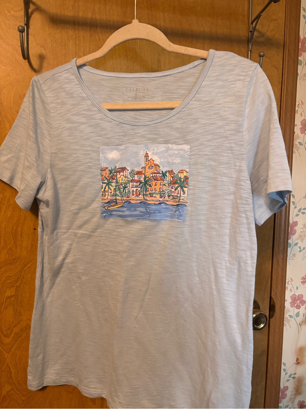 Talbots Pale Blue Short-Sleeve Tee with Coastal Graphic